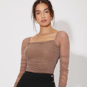 SHEIN / Mesh Panel Ruched Glitter Top